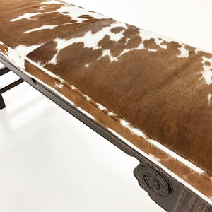 VINTAGE CHINESE BENCH WITH DOUBLE-SIDED CARVING AND BROWN AND WHITE COWHIDE CUSHION NO.19