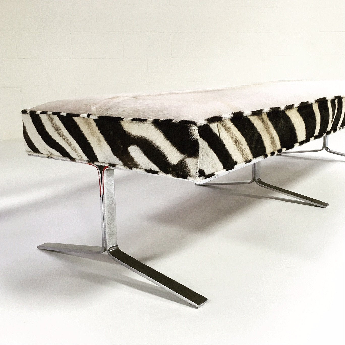 Modern Chrome Bench in Ivory Cowhide and Zebra Hide