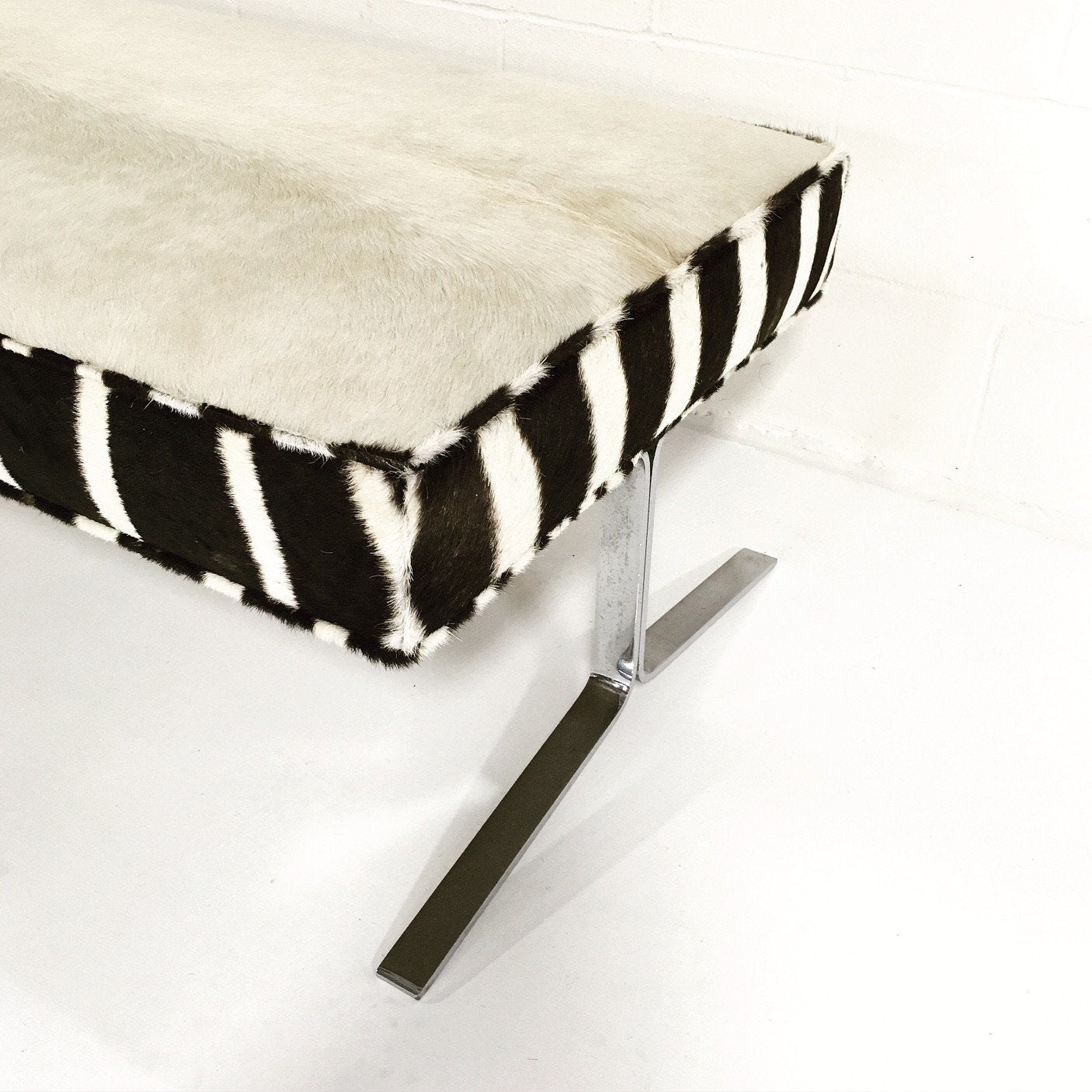 Modern Chrome Bench in Ivory Cowhide and Zebra Hide