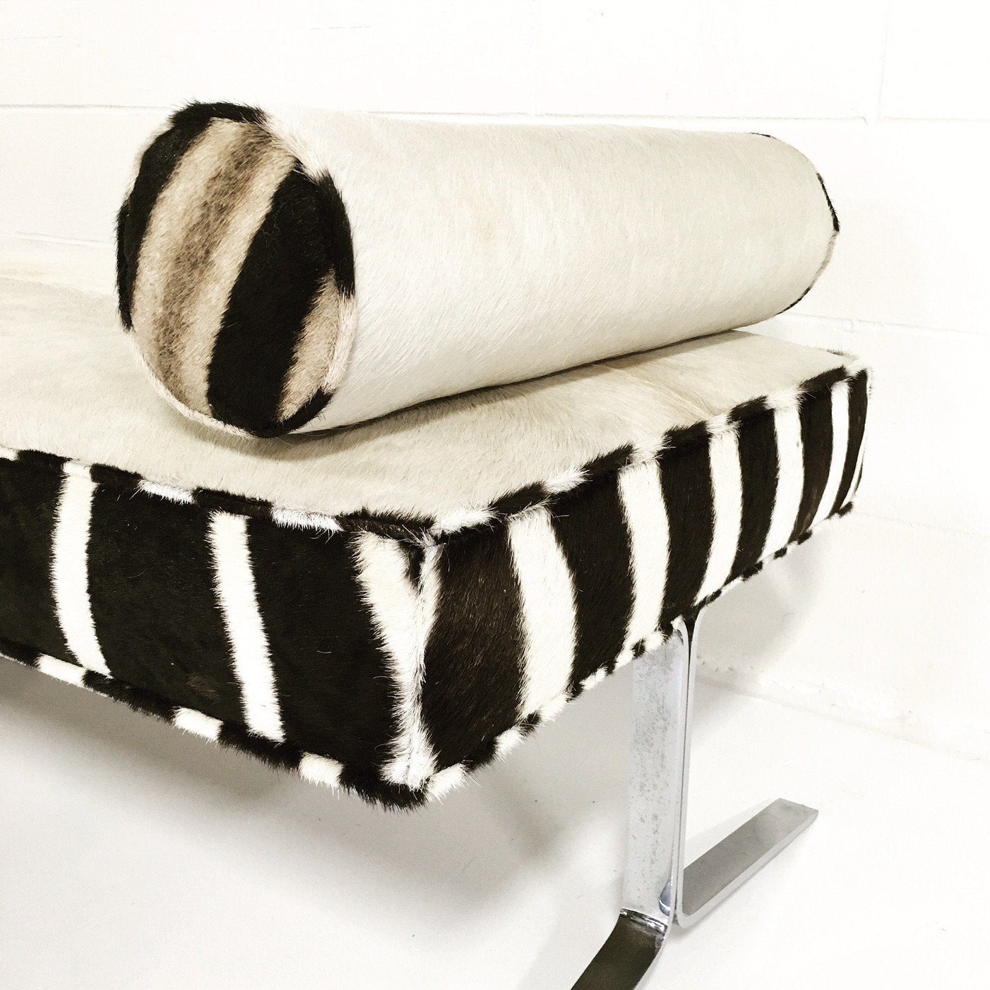 Modern Chrome Bench in Ivory Cowhide and Zebra Hide