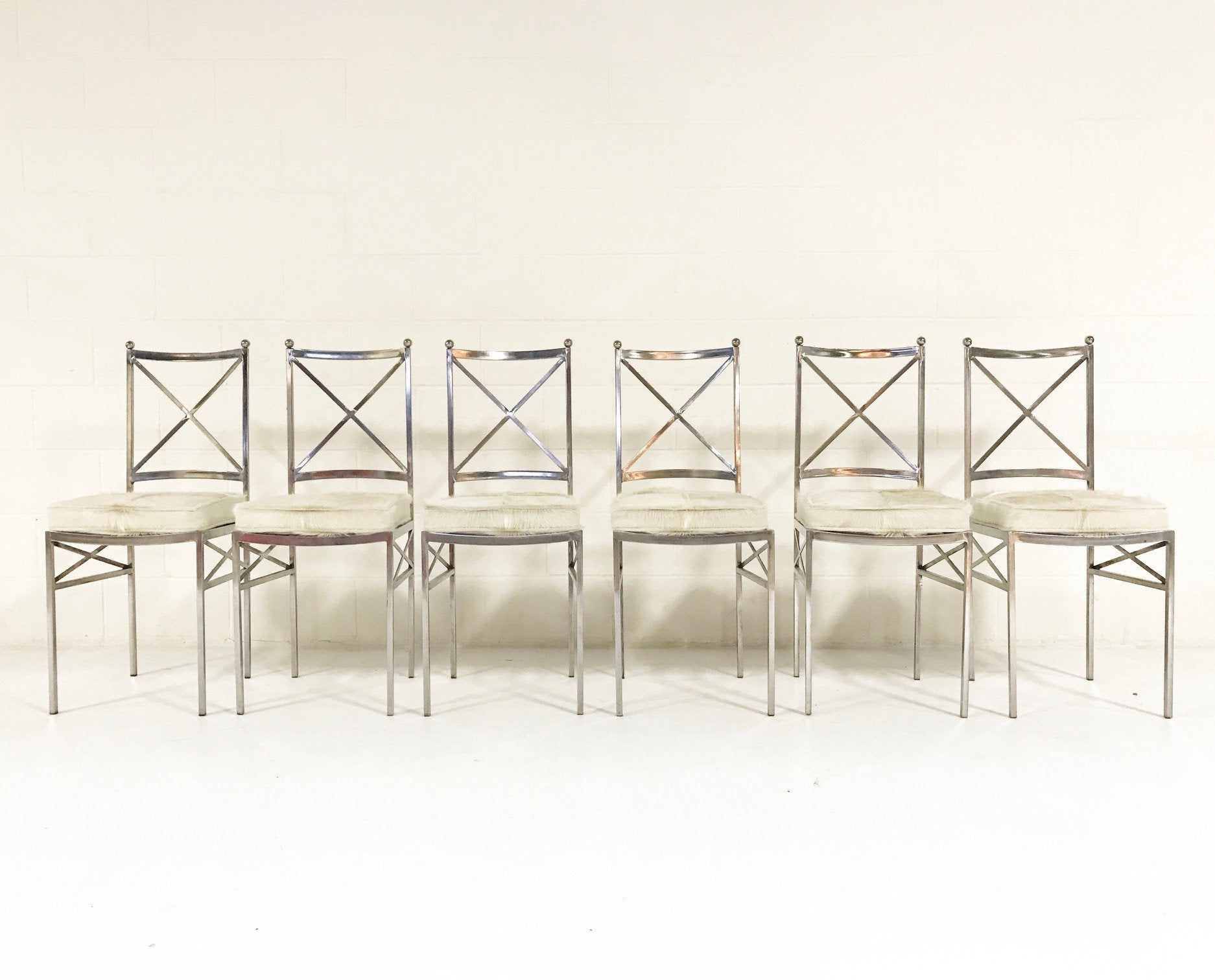 Midcentury Swedish Polished Steel Dining Chairs with Ivory Cowhide Cushions - Set of 10
