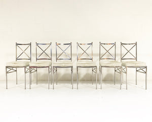 Midcentury Swedish Polished Steel Dining Chairs with Ivory Cowhide Cushions - Set of 10