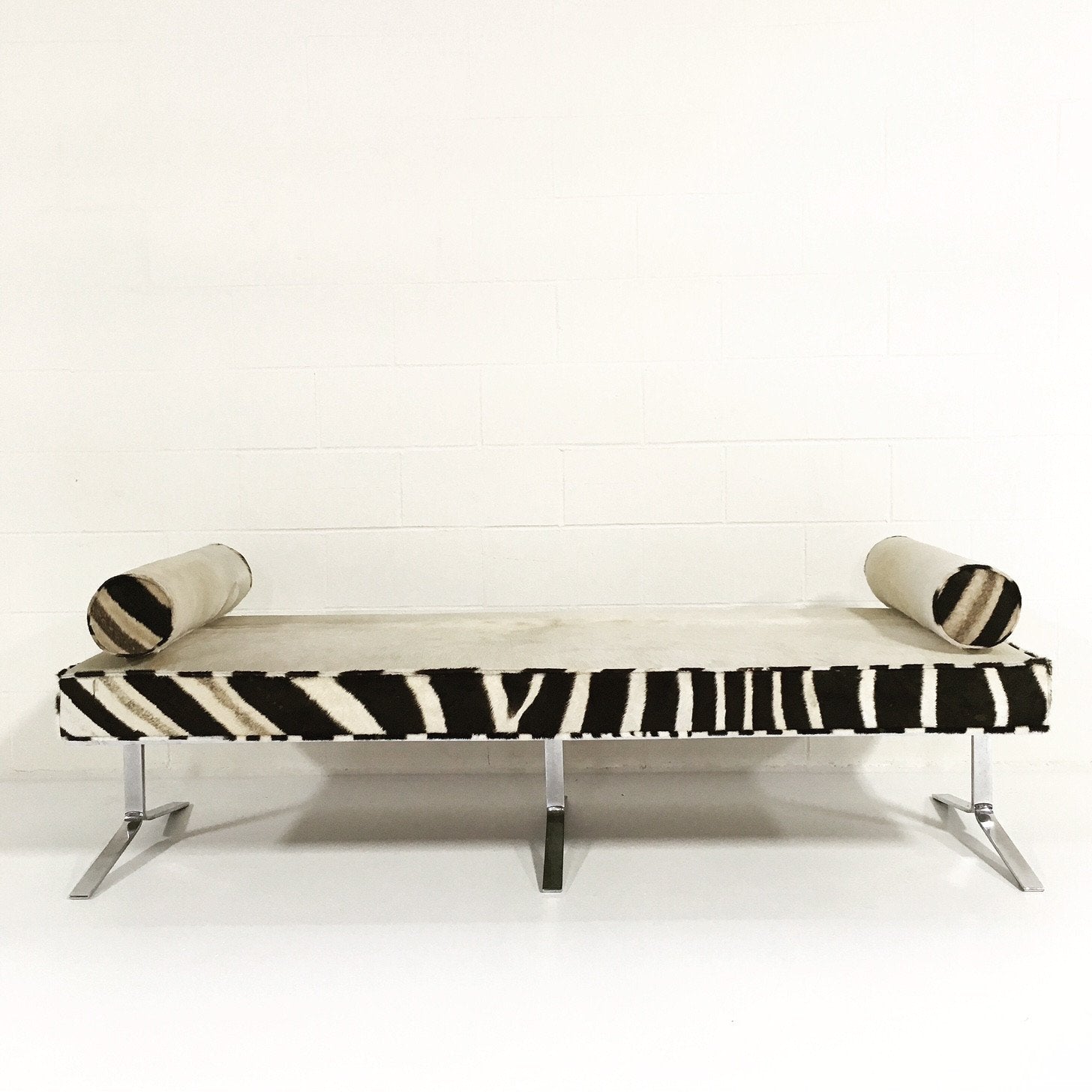Modern Chrome Bench in Ivory Cowhide and Zebra Hide