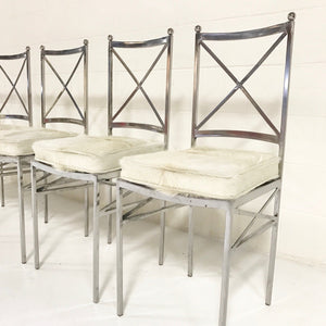 Midcentury Swedish Polished Steel Dining Chairs with Ivory Cowhide Cushions - Set of 10