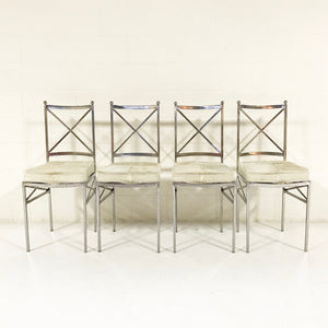 Midcentury Swedish Polished Steel Dining Chairs with Ivory Cowhide Cushions - Set of 10
