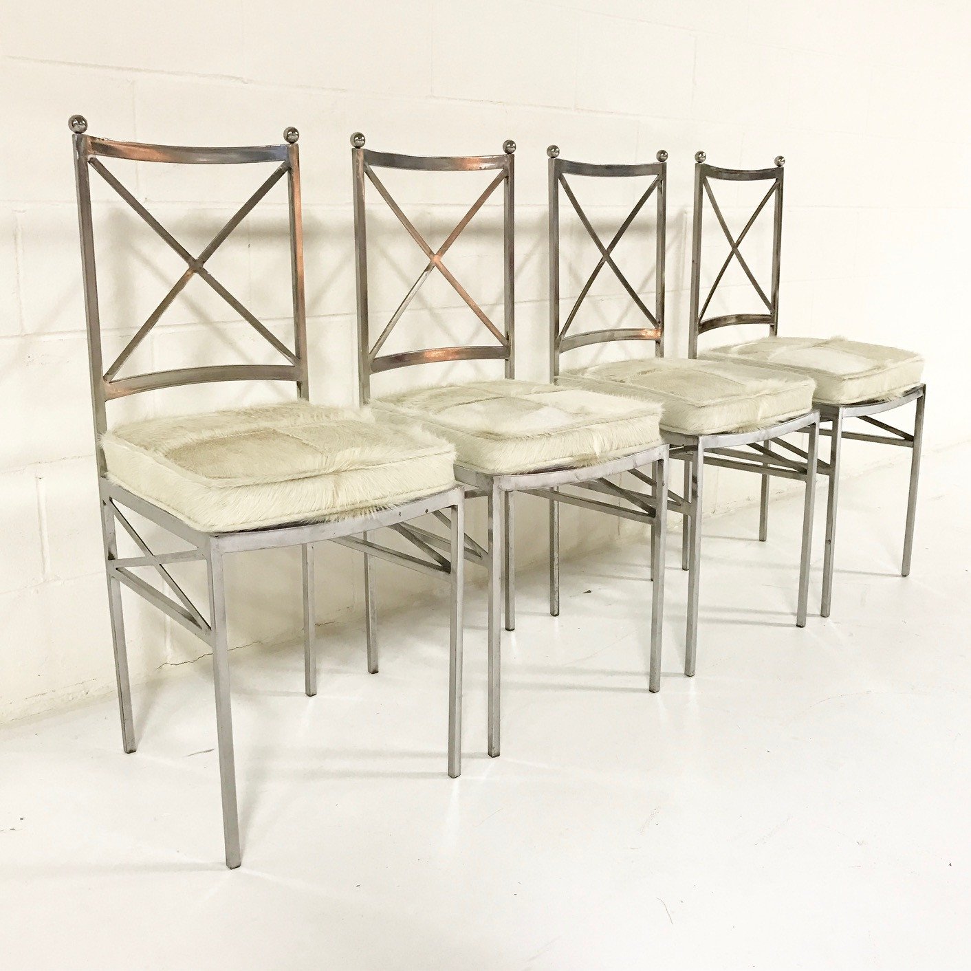 Midcentury Swedish Polished Steel Dining Chairs with Ivory Cowhide Cushions - Set of 10