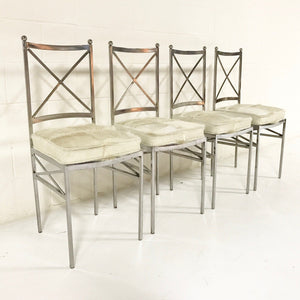 Midcentury Swedish Polished Steel Dining Chairs with Ivory Cowhide Cushions - Set of 10