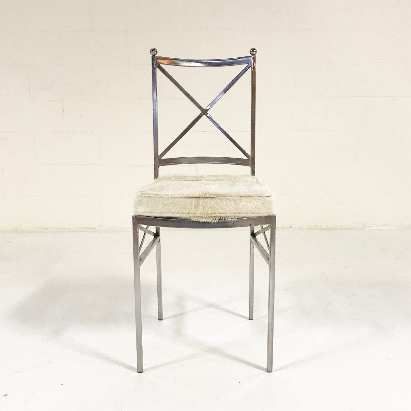 Midcentury Swedish Polished Steel Dining Chairs with Ivory Cowhide Cushions - Set of 10
