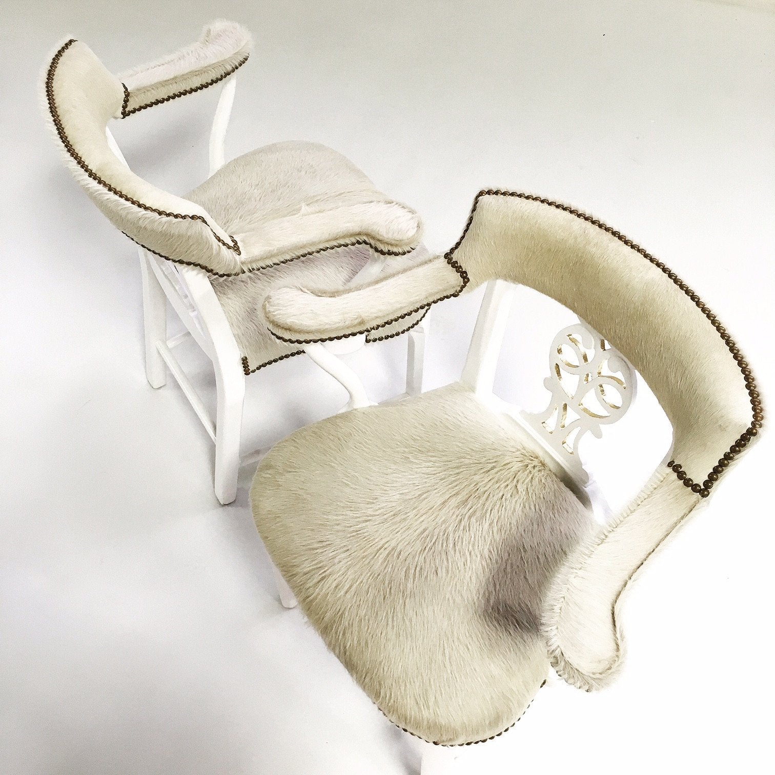 Painted White & Gold Leaf Chairs in Ivory Cowhide
