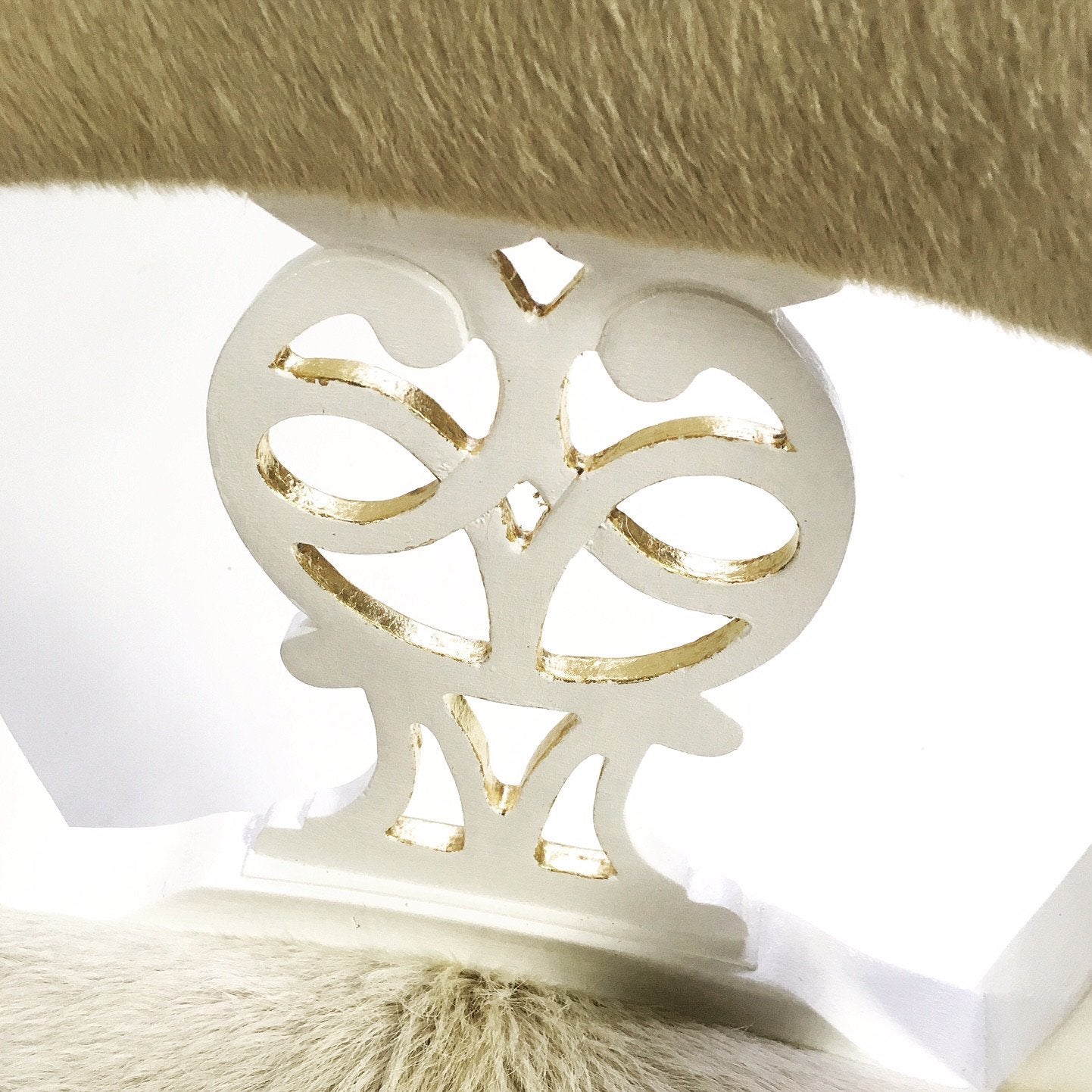 Painted White & Gold Leaf Chairs in Ivory Cowhide