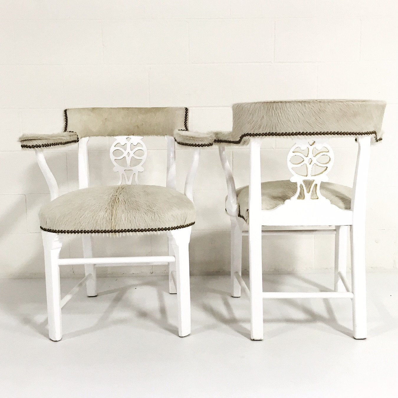 Painted White & Gold Leaf Chairs in Ivory Cowhide