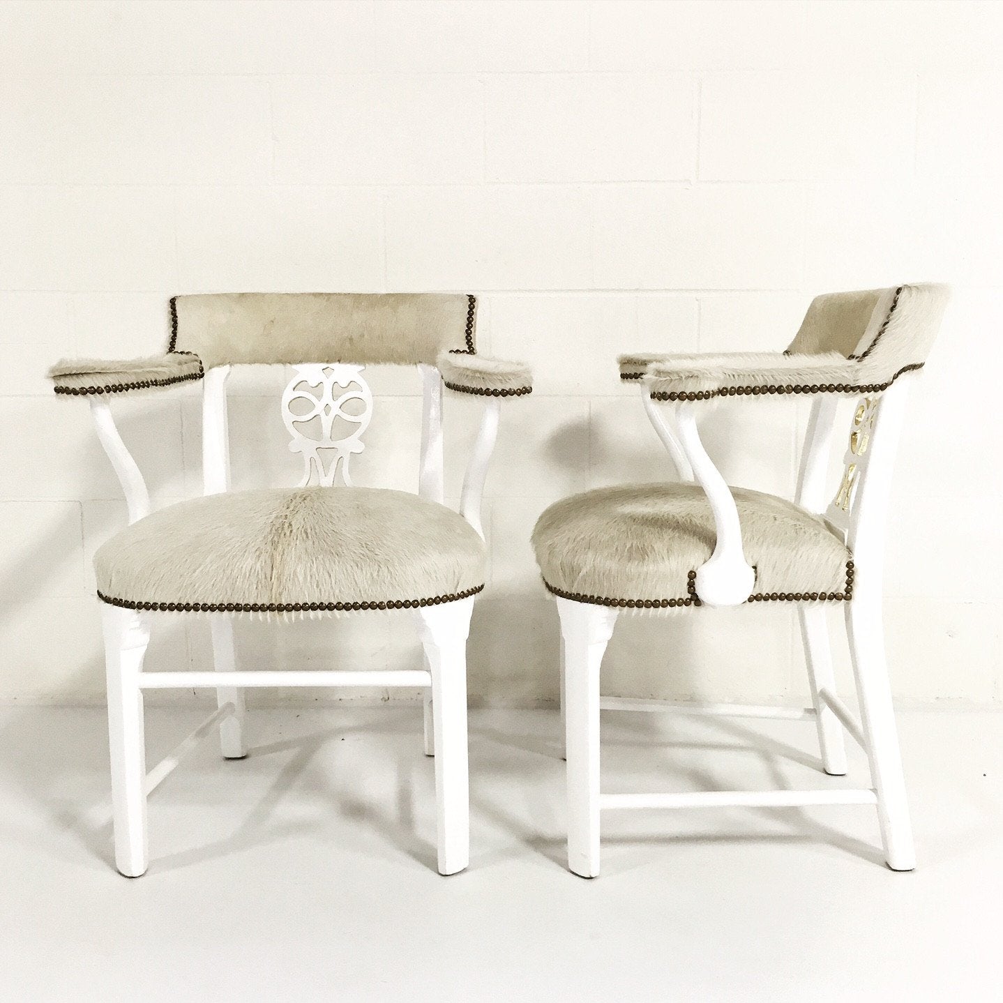 Painted White & Gold Leaf Chairs in Ivory Cowhide
