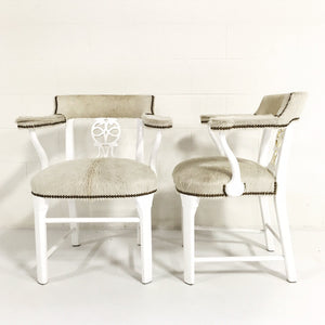Painted White & Gold Leaf Chairs in Ivory Cowhide