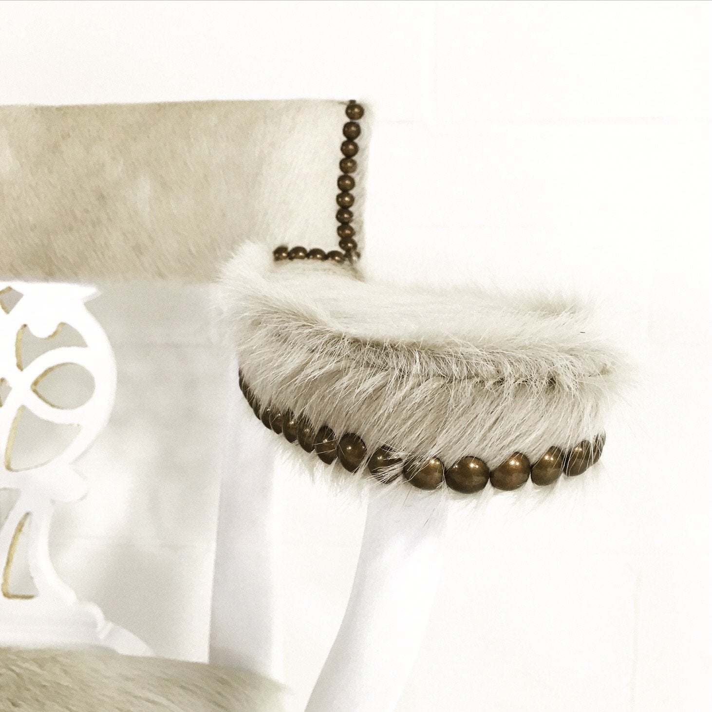 Painted White & Gold Leaf Chairs in Ivory Cowhide