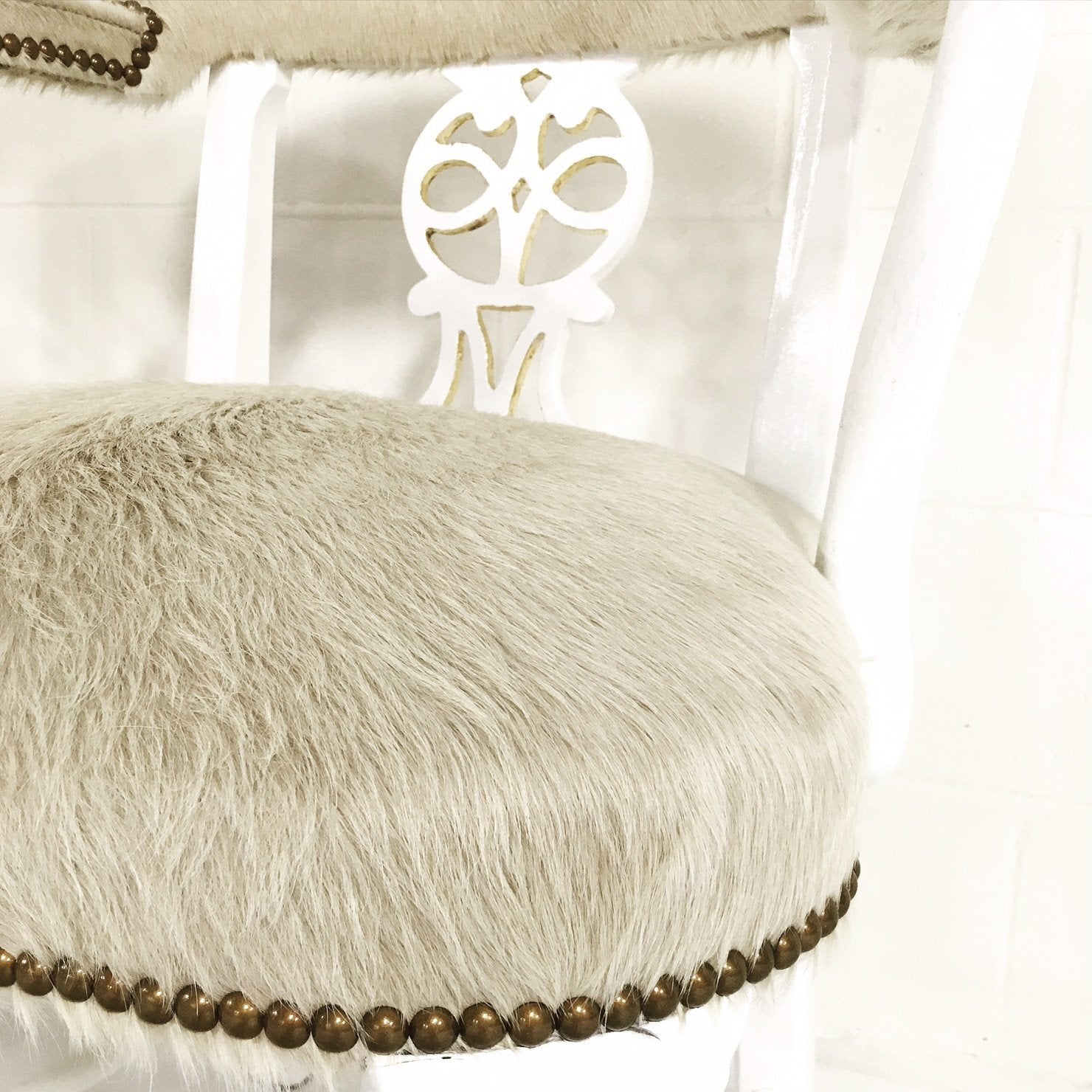 Painted White & Gold Leaf Chairs in Ivory Cowhide