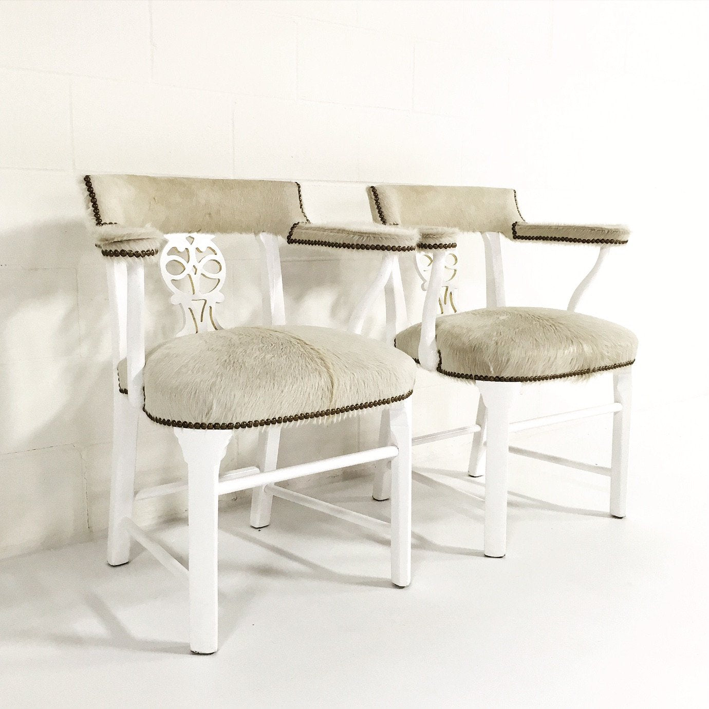 Painted White & Gold Leaf Chairs in Ivory Cowhide