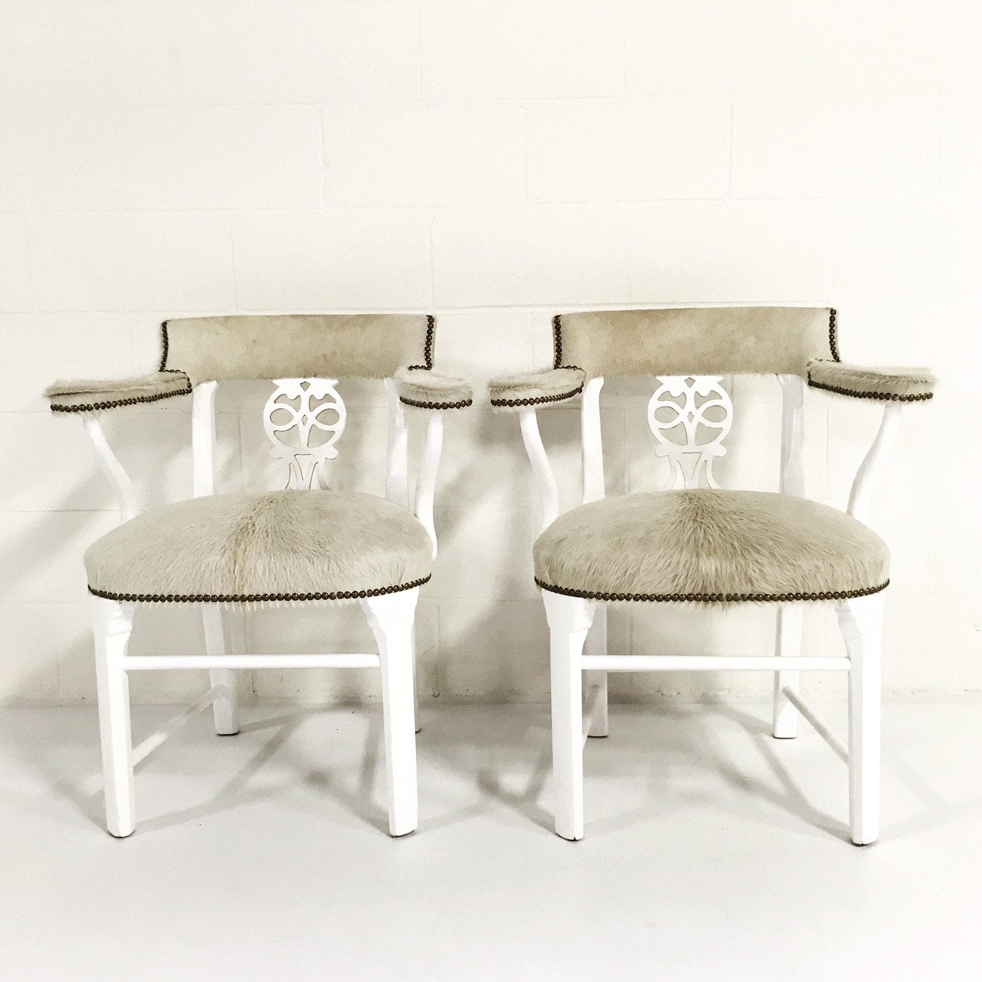 Painted White & Gold Leaf Chairs in Ivory Cowhide