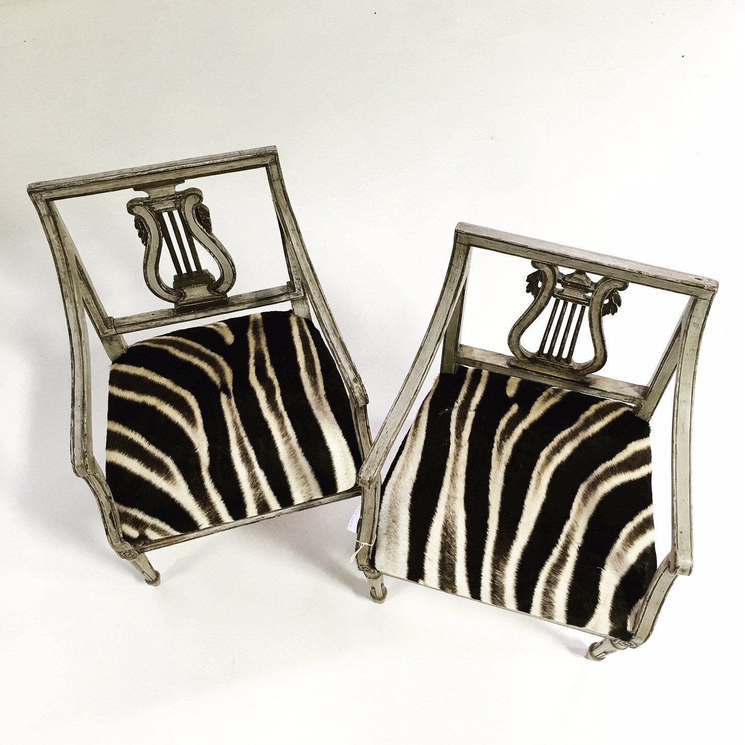 Pair of 19th Century Italian Neoclassical Painted Armchairs in Zebra Hide