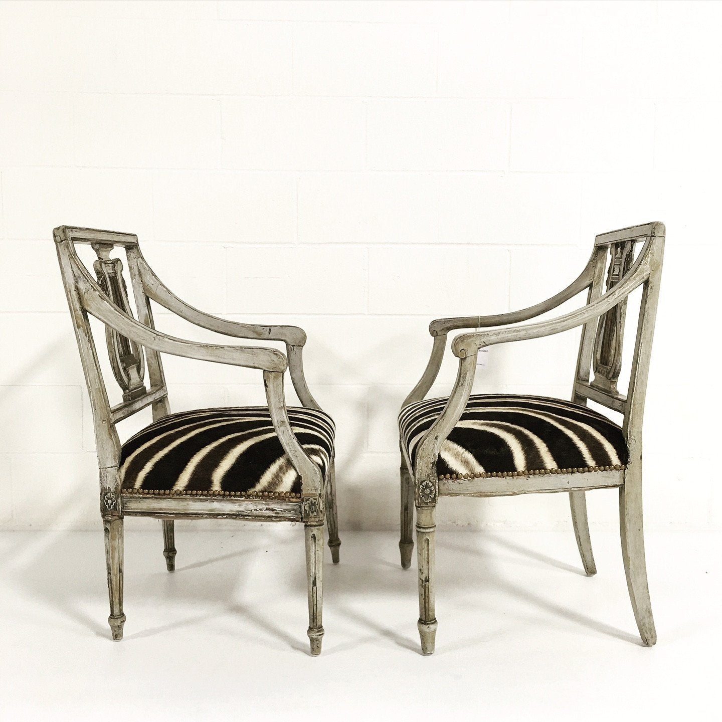 Pair of 19th Century Italian Neoclassical Painted Armchairs in Zebra Hide
