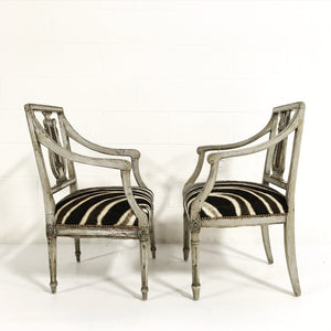 Pair of 19th Century Italian Neoclassical Painted Armchairs in Zebra Hide