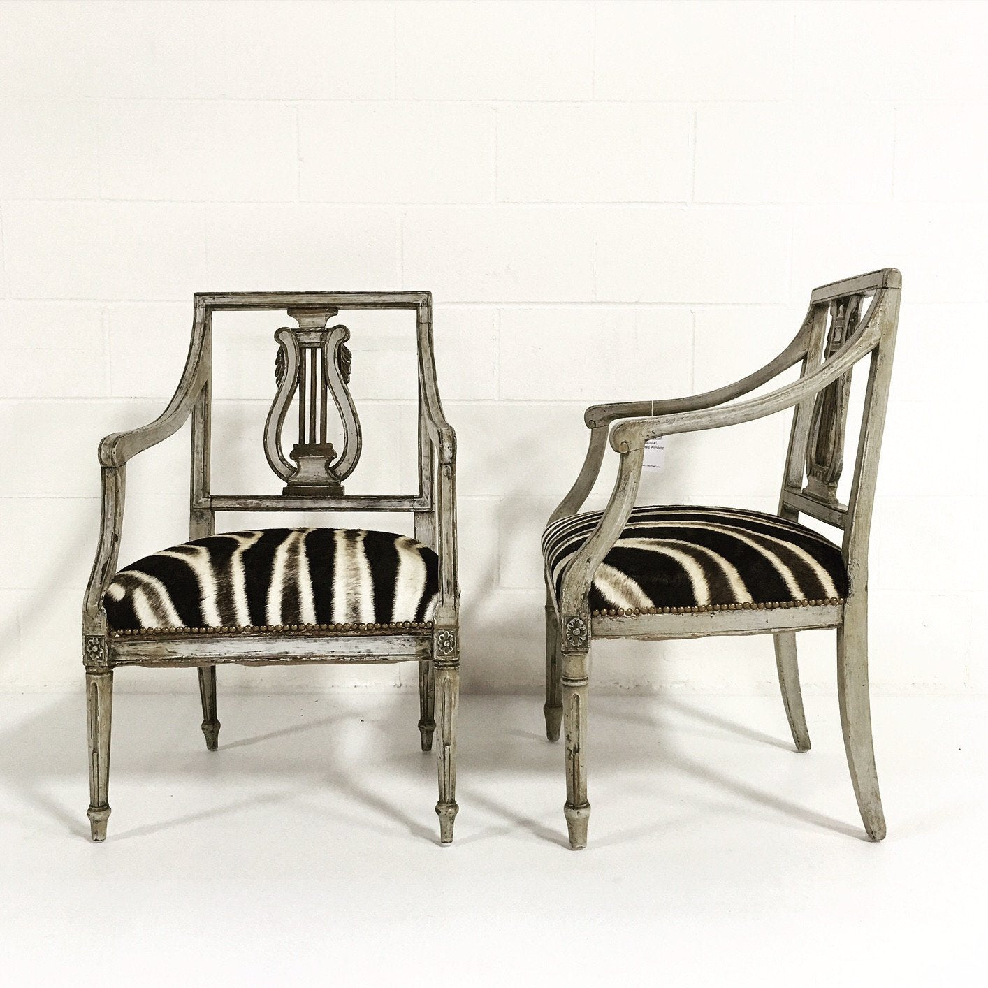 Pair of 19th Century Italian Neoclassical Painted Armchairs in Zebra Hide