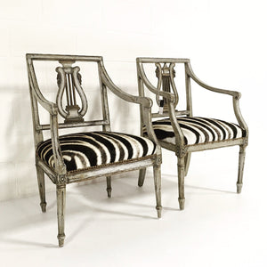 Pair of 19th Century Italian Neoclassical Painted Armchairs in Zebra Hide