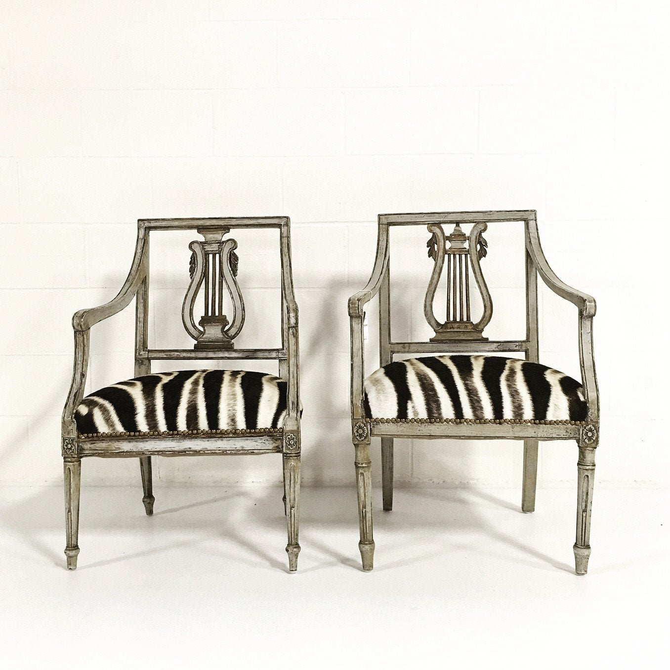 Pair of 19th Century Italian Neoclassical Painted Armchairs in Zebra Hide