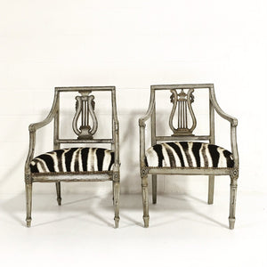 Pair of 19th Century Italian Neoclassical Painted Armchairs in Zebra Hide