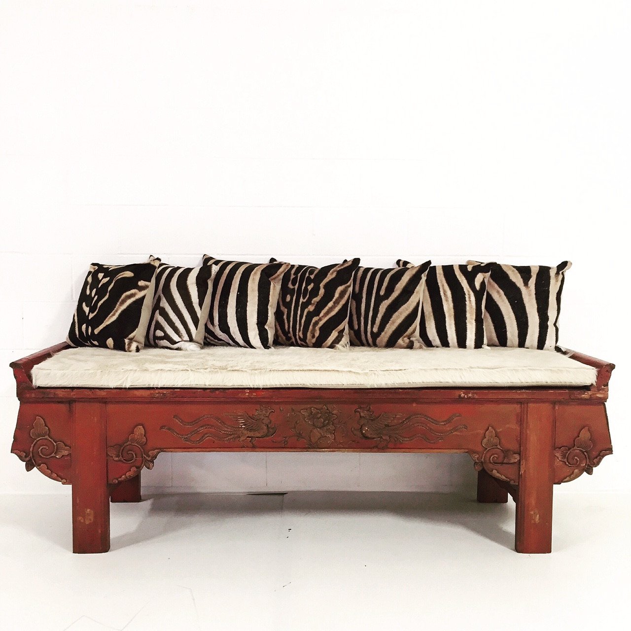 Carved Phoenix Bird Bench with Ivory Cowhide Cushion - No. 11