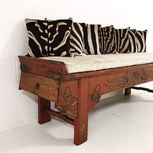 Carved Phoenix Bird Bench with Ivory Cowhide Cushion - No. 11