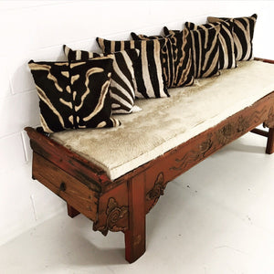 Carved Phoenix Bird Bench with Ivory Cowhide Cushion - No. 11