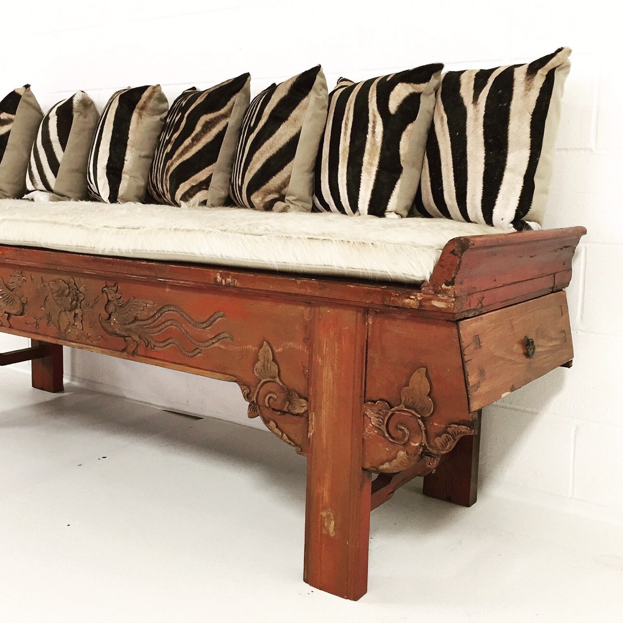 Carved Phoenix Bird Bench with Ivory Cowhide Cushion - No. 11
