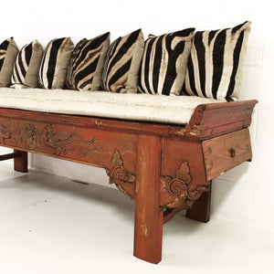 Carved Phoenix Bird Bench with Ivory Cowhide Cushion - No. 11