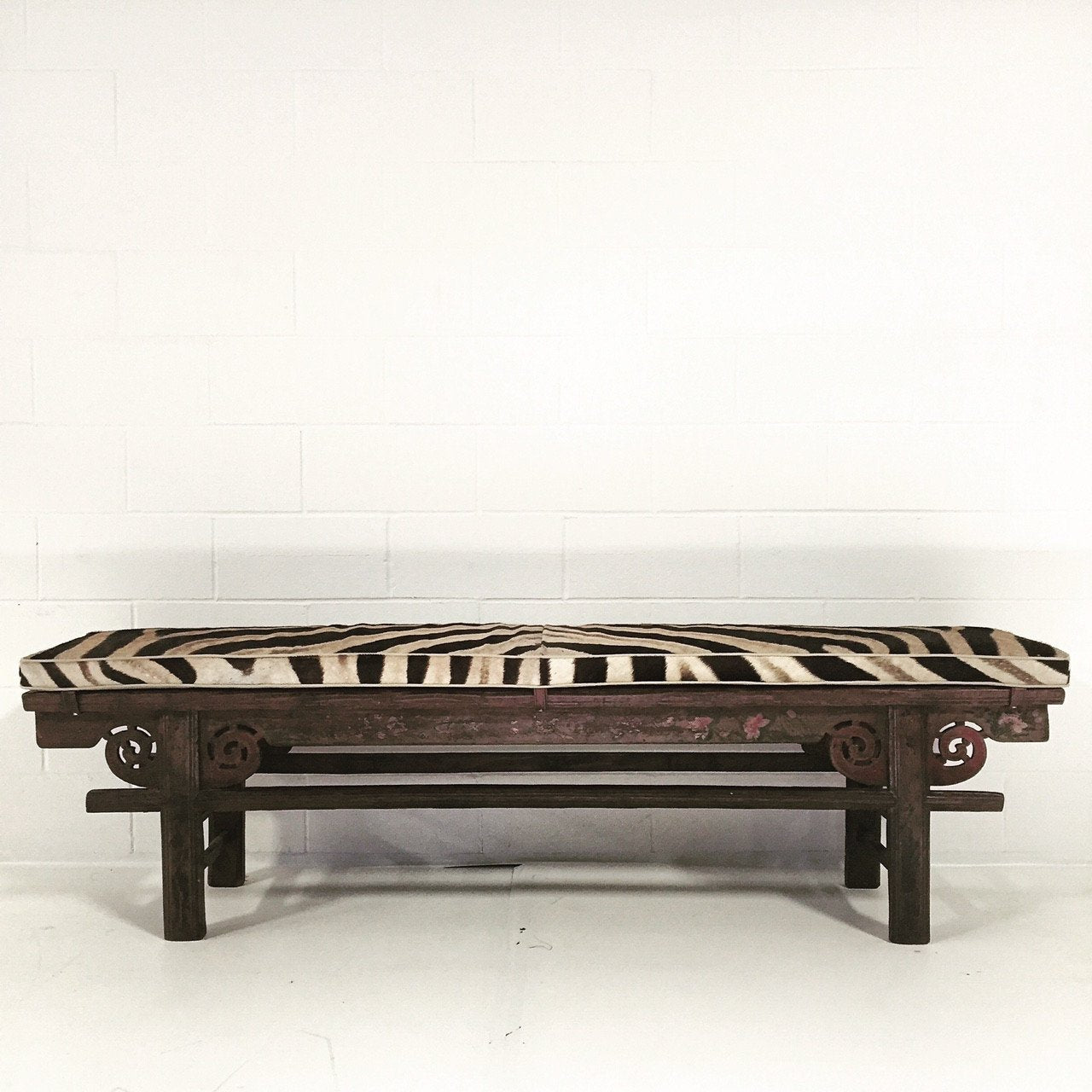 CHINESE PAINTED BENCH WITH ZEBRA HIDE CUSHION No. 2