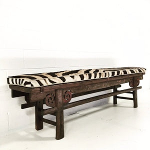 CHINESE PAINTED BENCH WITH ZEBRA HIDE CUSHION No. 2