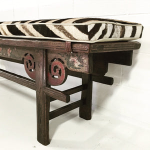 CHINESE PAINTED BENCH WITH ZEBRA HIDE CUSHION No. 2