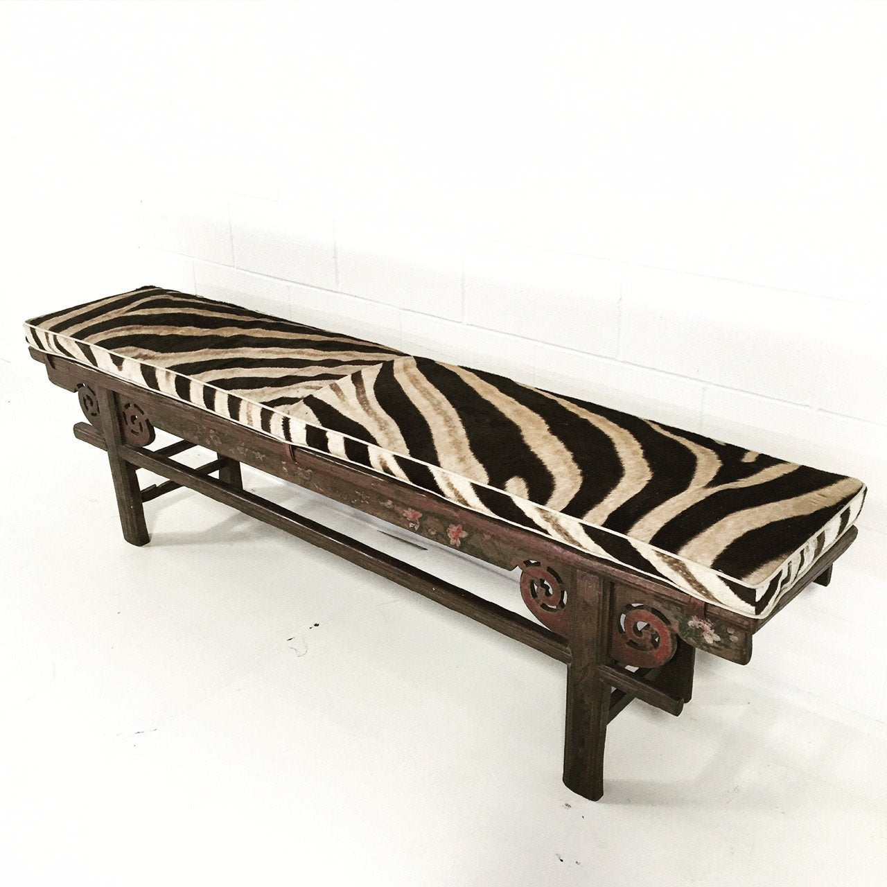 CHINESE PAINTED BENCH WITH ZEBRA HIDE CUSHION No. 2