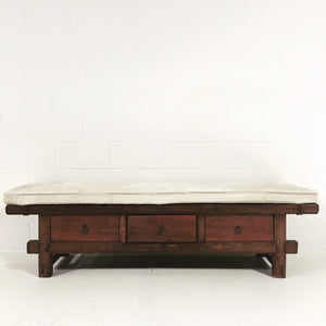 THREE-DRAWER RUSTIC BENCH WITH IVORY COWHIDE CUSHION - NO. 12