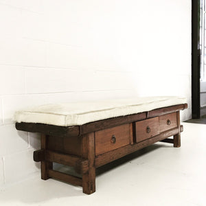 THREE-DRAWER RUSTIC BENCH WITH IVORY COWHIDE CUSHION - NO. 12