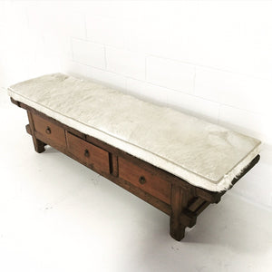 THREE-DRAWER RUSTIC BENCH WITH IVORY COWHIDE CUSHION - NO. 12