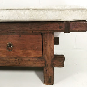 THREE-DRAWER RUSTIC BENCH WITH IVORY COWHIDE CUSHION - NO. 12