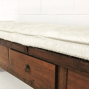 THREE-DRAWER RUSTIC BENCH WITH IVORY COWHIDE CUSHION - NO. 12