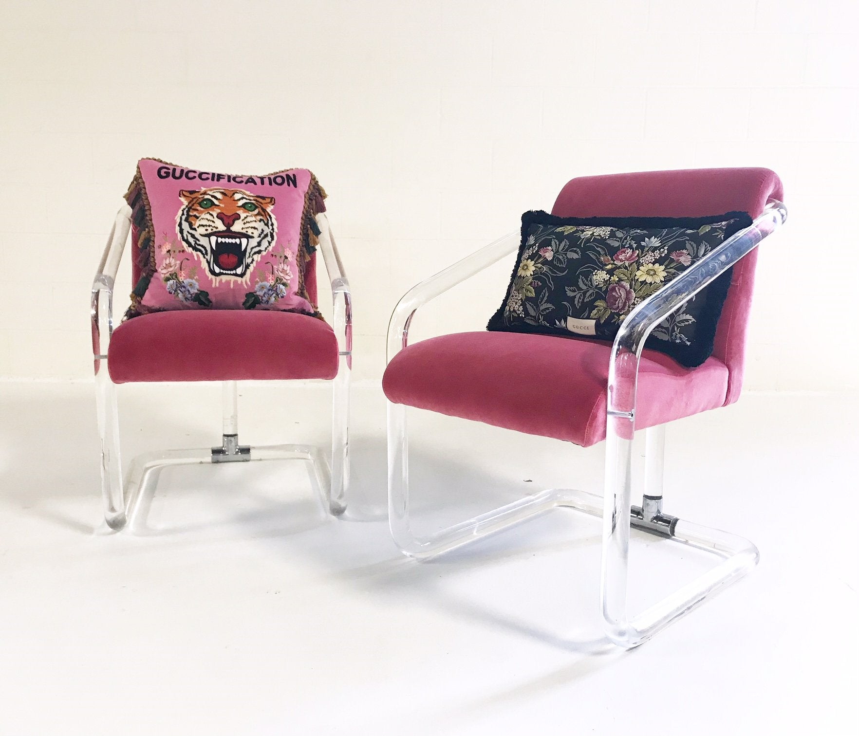 Lion in Frost Lucite Chairs in Loro Piana Pink Velvet with Gucci Pillows