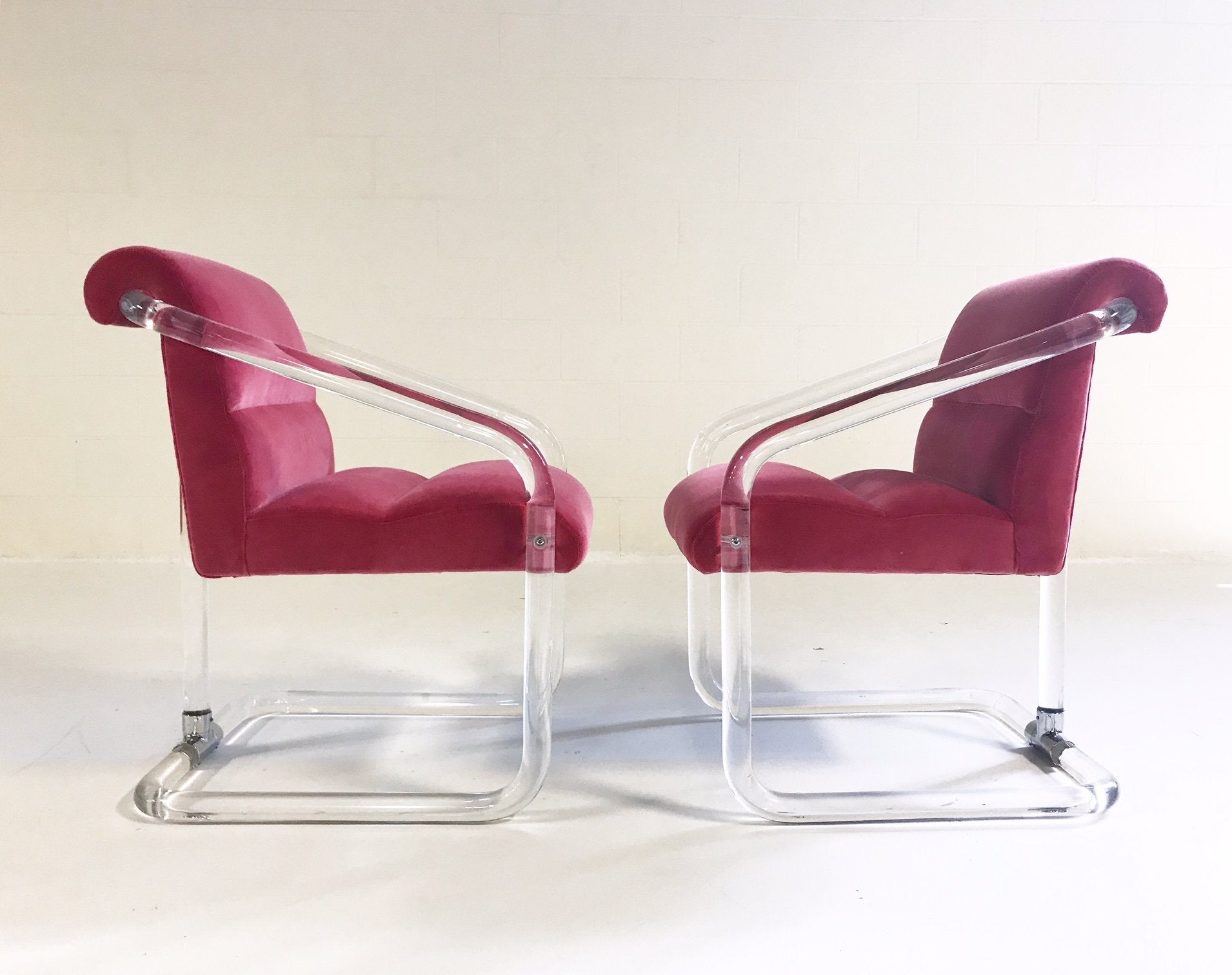 Lion in Frost Lucite Chairs in Loro Piana Pink Velvet with Gucci Pillows