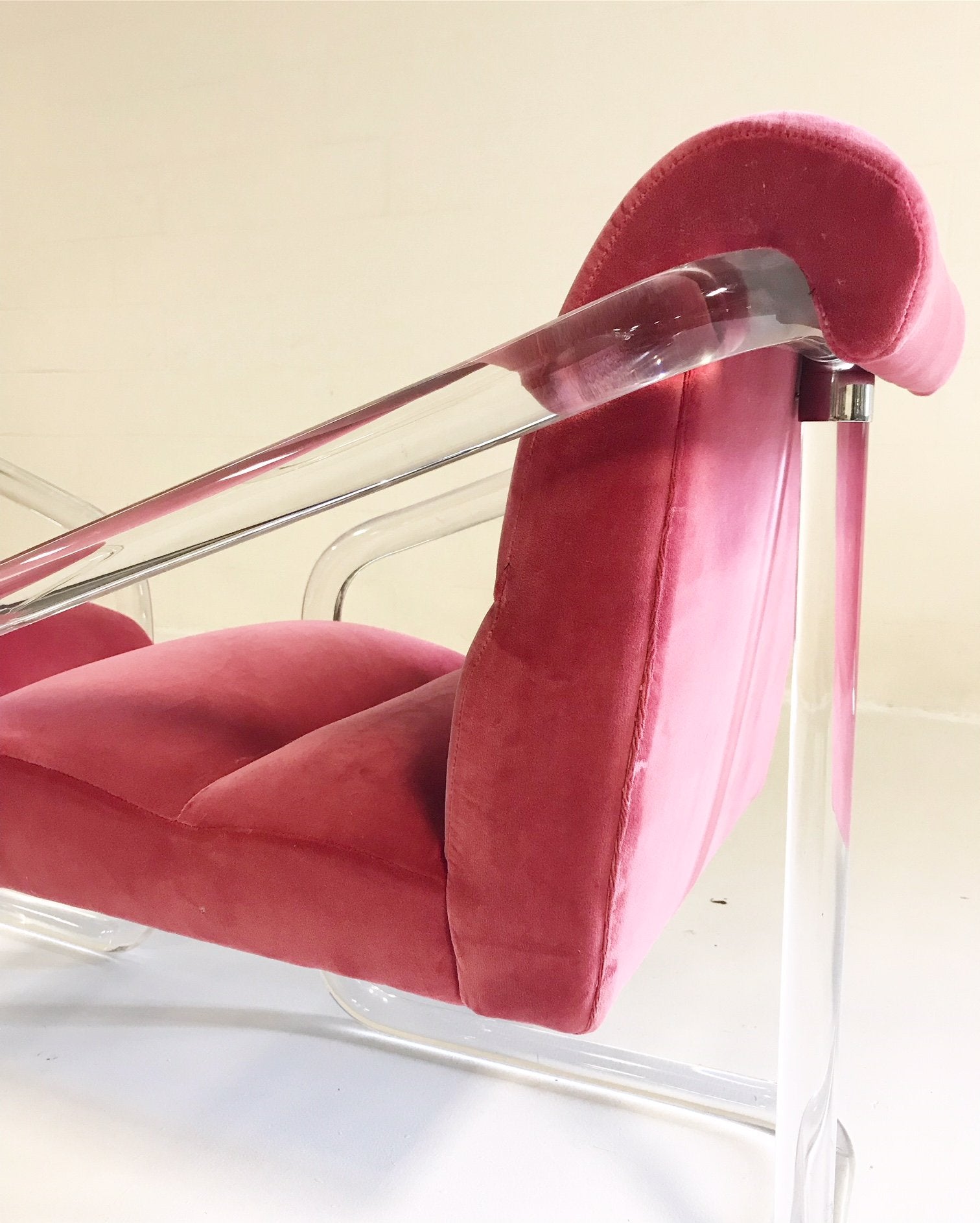 Lion in Frost Lucite Chairs in Loro Piana Pink Velvet with Gucci Pillows