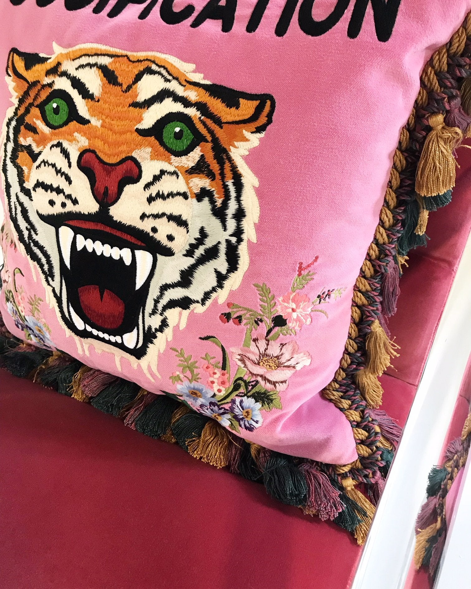 Lion in Frost Lucite Chairs in Loro Piana Pink Velvet with Gucci Pillows