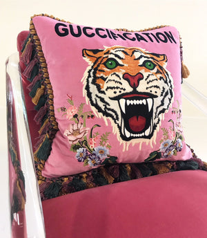 Lion in Frost Lucite Chairs in Loro Piana Pink Velvet with Gucci Pillows