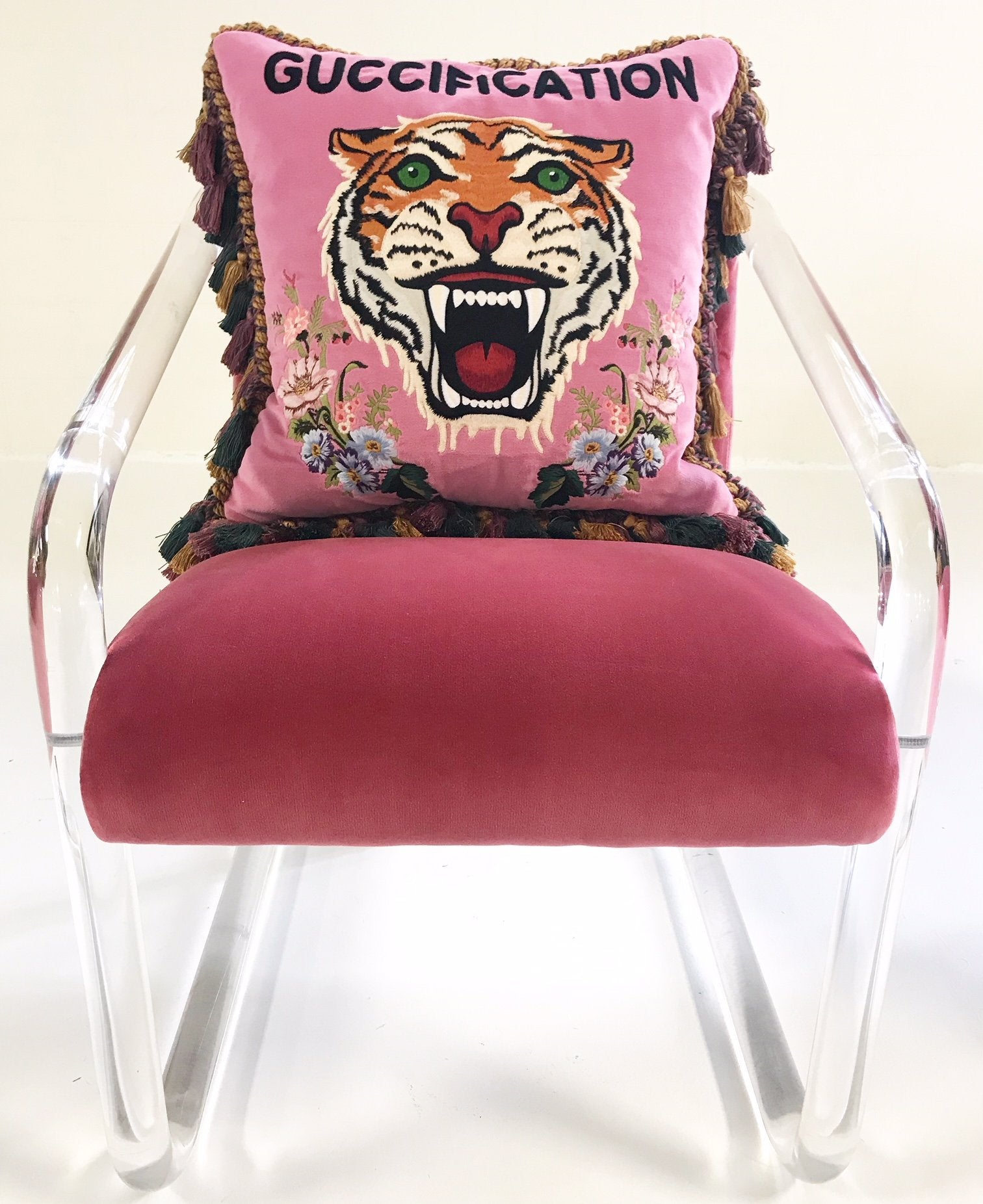 Lion in Frost Lucite Chairs in Loro Piana Pink Velvet with Gucci Pillows