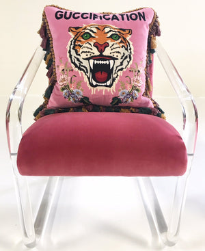 Lion in Frost Lucite Chairs in Loro Piana Pink Velvet with Gucci Pillows
