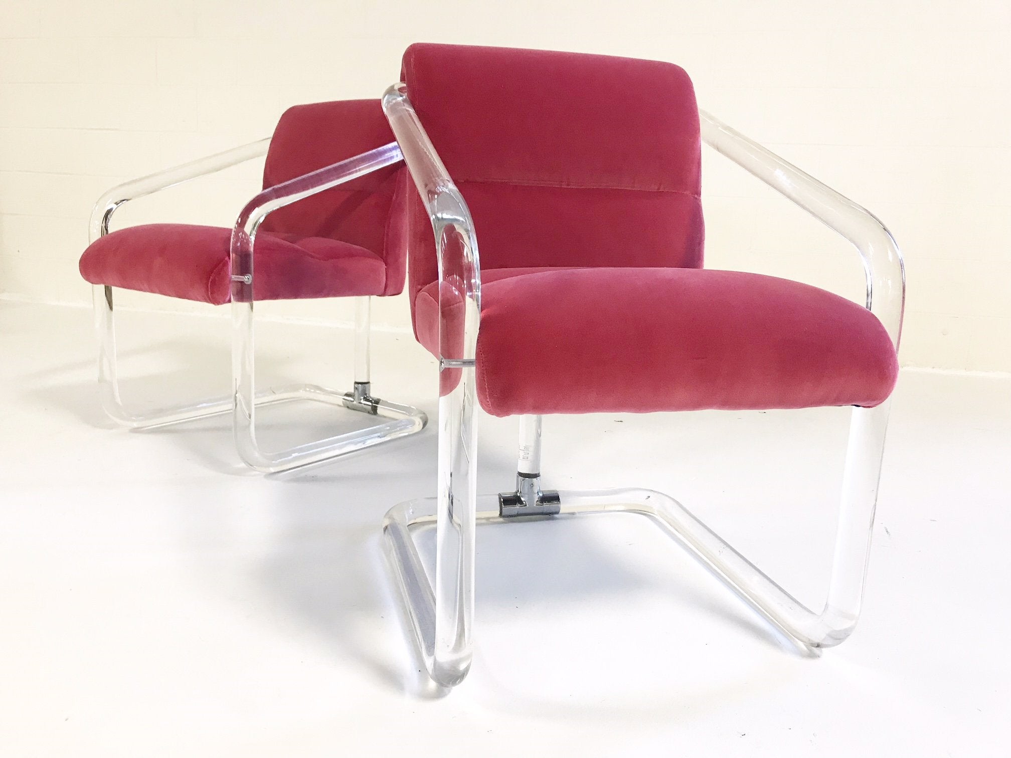 Lion in Frost Lucite Chairs in Loro Piana Pink Velvet with Gucci Pillows